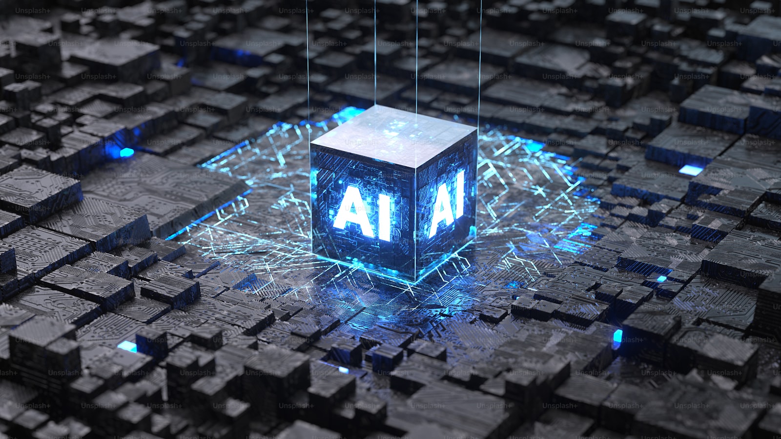 Glowing AI cube on a circuit-like grid with blue light beams.